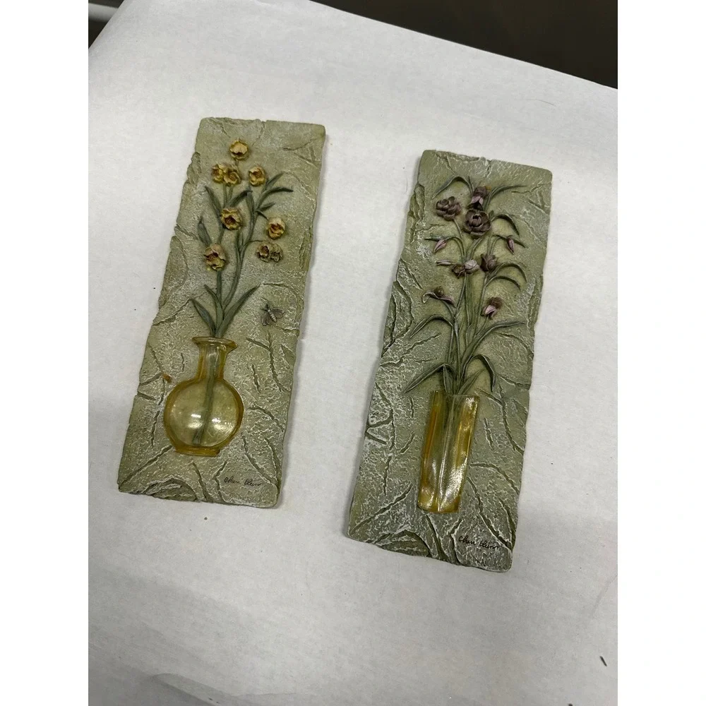 Vintage Chen Chiun Floral Wall Plaques Set of 2 Resin 3D Flower Art Sage Green